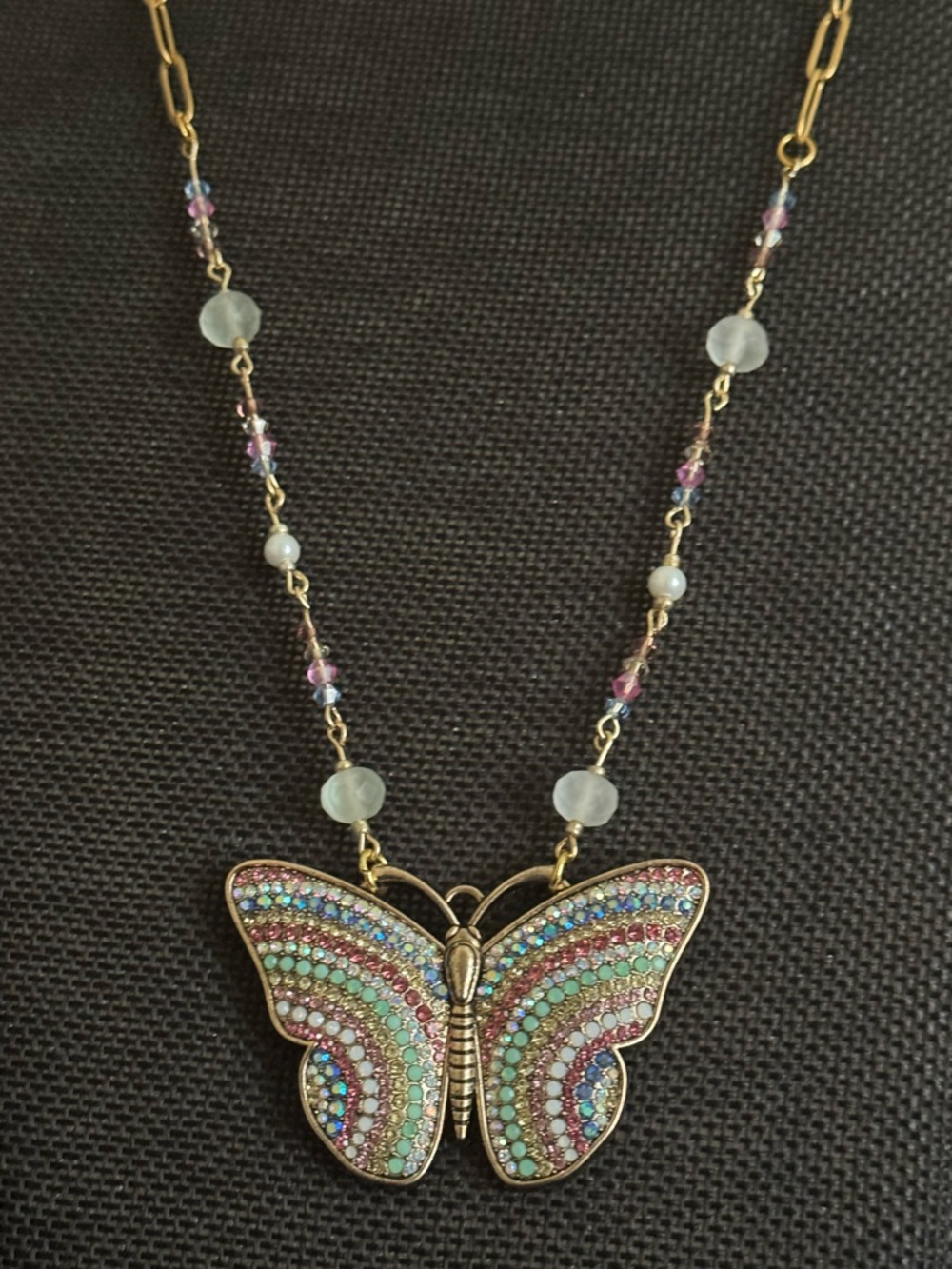 Gold Butterfly Pendant Necklace with Pastel Multicolor Crystals on Chain